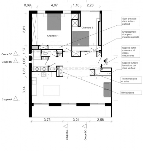 Restructuration en appartement contemporain : plan NB