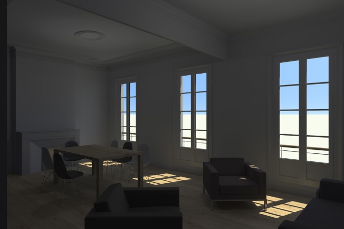 Rénovation d'un 3 fenêtres marseillais : Salon/salle à manger: image de synthèse